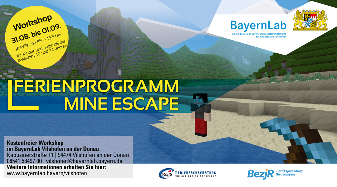 Grafik mit Hinweis auf Ferienprogramm Workshop Mine Escape im BayernLab Vilshofen vom 31.08. bis 01.09.